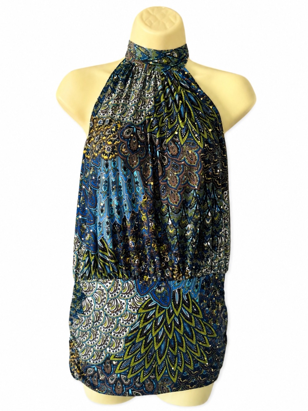 Joseph Ribkoff Peacock Paisley Halter Top Sequin Canada Sz 10 - Picture 2 of 9